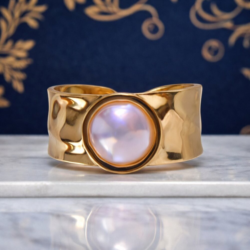 Celestial Statement Ring 18K Gold Plated Adjustable with Faux Pearl Glow - Picture 7 of 12